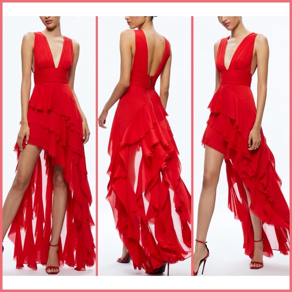 Alice + Olivia Holly Low Neck Asymmetric Ruffle Bright Ruby Red Maxi Dress - Picture 5 of 11